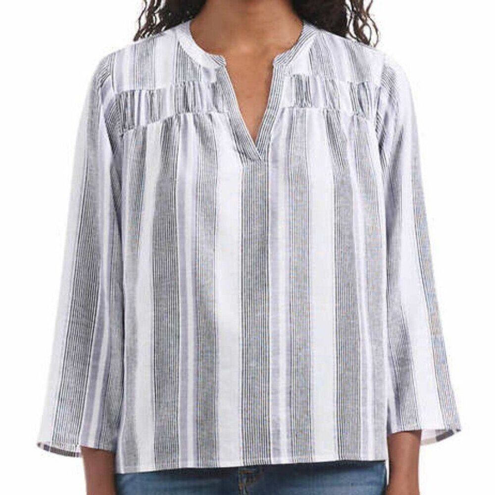 SPLENDID Linen Blend V-Neck Blouse Size M‎ Grey Purple White Strip Top Shirt NWT